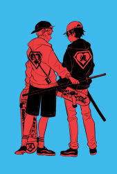 Rule 34 | 2boys, arms at sides, backwards hat, baseball cap, blue background, casual, clothes writing, contemporary, facial scar, from behind, full body, hair ornament, hairclip, hat, heart, heart print, holding, holding skateboard, holding sword, holding weapon, hood, hood down, hoodie, katana, kimetsu no yaiba, kozenini, long sleeves, looking at viewer, male focus, multiple boys, outstretched arm, pants, profile, red theme, sabito (kimetsu), scar, scar on cheek, scar on face, shoes, short hair, shorts, sideways glance, simple background, skateboard, socks, standing, sword, talisman, tomioka giyuu, weapon