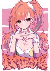 Rule 34 | 1girl, absurdres, arisugawa natsuha, black eyes, breasts, cleavage, ear piercing, earrings, fingers together, hair between eyes, highres, idolmaster, idolmaster shiny colors, jewelry, large breasts, long hair, looking at viewer, nail polish, open clothes, open shirt, orange hair, piercing, pink background, ponytail, purple nails, ring, scrunchie, shirt, side ponytail, simple background, smile, solo, soushitsuchang, upper body, white shirt