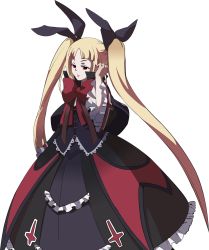 Rule 34 | 1girl, arc system works, blazblue, blonde hair, bow, goth fashion, lolita fashion, long hair, official art, rachel alucard, red bow, red eyes, red theme, solo, transparent background, twintails, very long hair