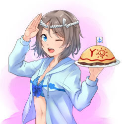 Rule 34 | 10s, 1girl, ;d, alternate costume, anchor symbol, bikini, bikini top only, blue bikini, blue eyes, breasts, brown hair, character name, cleavage, flag, food, gradient background, hachimaki, headband, highres, jacket, kanabun, looking at viewer, love live!, love live! school idol festival, love live! sunshine!!, navel, nejiri hachimaki, omelet, omurice, one eye closed, open clothes, open jacket, open mouth, pink background, rope, salute, shimenawa, short hair, smile, solo, swimsuit, upper body, watanabe you