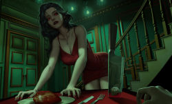 Rule 34 | 1boy, 1girl, black hair, collarbone, door, dress, fork, han fei, heart, highres, indoors, jewelry, knife, long hair, my healing game, nail polish, necklace, red dress, red eyes, red nails, reflection, stairs, table, xu qin