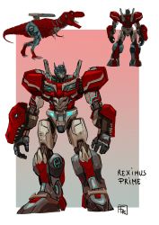 Rule 34 | autobot, blue eyes, character name, commentary, english commentary, highres, looking to the side, mecha, multiple views, no humans, open mouth, optimus prime, redesign, robot, science fiction, sharp teeth, teeth, tongue, tongue out, transformers, tyrannosaurus rex, ultrafpc