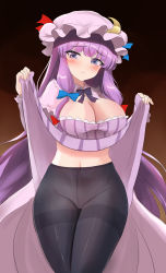 Rule 34 | 1girl, blue bow, blush, bow, breasts, cleavage, clothes lift, crescent, crescent hat ornament, dress, dress lift, hat, hat ornament, highres, large breasts, lifting own clothes, long hair, looking at viewer, mob cap, namiki (remiter00), navel, pantyhose, patchouli knowledge, purple eyes, purple hair, red bow, solo, striped, thighband pantyhose, touhou, very long hair