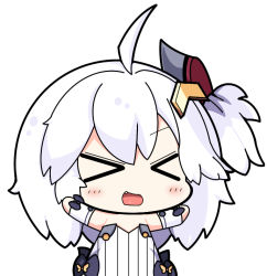 Rule 34 | &gt; &lt;, 1girl, :d, ahoge, arms up, azur lane, blush stickers, bow, chibi, commentary request, detached sleeves, dress, fang, hair between eyes, hair ornament, hairclip, medium hair, nejikirio (style), one side up, open mouth, parody, sentinel (ver20), sidelocks, simple background, smile, solo, strapless, strapless dress, striped clothes, striped dress, style parody, universal bulin (azur lane), upper body, vertical-striped clothes, vertical-striped dress, waist bow, white background, white dress, white hair, white sleeves, wrist bow, xd