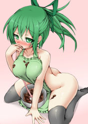 Rule 34 | 1girl, apron, ass, black thighhighs, blush, breasts, chocolate, collarbone, duel monster, finger to mouth, food, green eyes, green hair, hair ornament, highres, kiramashi (satsujinki), large breasts, long hair, looking at viewer, matching hair/eyes, naked apron, no panties, pink background, ponytail, ribbon, satsujinki (artist), simple background, sitting, solo, thighhighs, wynn the wind charmer, yu-gi-oh!