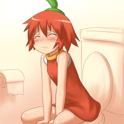 Rule 34 | 1girl, aaaa (quad-a), arm support, blush, child, chili pepper, closed eyes, dress, full-face blush, habanero-tan, habanero pepper, hair between eyes, highres, red hair, shiny skin, short hair, sitting, sleeveless, solo, tissue, toilet, toilet use