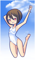 Rule 34 | 1girl, barefoot, blush, bracelet, breasts, brown hair, cloud, collarbone, digimon, digimon adventure, drantyno, highres, jewelry, jumping, looking at viewer, one-piece swimsuit, open mouth, pink eyes, short hair, sky, small breasts, smile, swimsuit, teeth, white one-piece swimsuit, yagami hikari