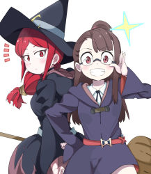 Rule 34 | 2girls, belt, black neckwear, blush, borrowed clothes, broom, brown hair, chariot du nord, collar, commentary request, cowboy shot, eyewear switch, glasses, hand on own hip, hat, highres, hood, hood down, kagari atsuko, little witch academia, long hair, luna nova school uniform, multiple girls, red eyes, red hair, rimless eyewear, ry770094, school uniform, sidelocks, simple background, smile, spoilers, surprised, ursula callistis, white background, wide sleeves, witch, witch hat