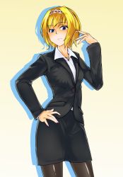 Rule 34 | 1girl, alice margatroid, alternate costume, belted, belted dress, black pantyhose, blonde hair, blue eyes, clasped dress, dress, female focus, formal, hairband, hand on own hip, highres, hip focus, office lady, pantyhose, pencil skirt, sagara1990, short hair, skirt, skirt suit, solo, suit, tight clothes, tight dress, touhou
