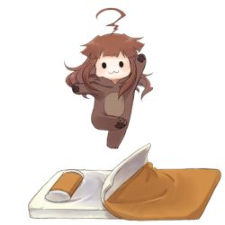 Rule 34 | 10s, 1girl, :3, ahoge, alternate costume, animal costume, bear costume, brown hair, closed mouth, futon, kantai collection, kuma (kancolle), long hair, mochi teitoku, simple background, solid circle eyes, solo, white background