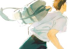 Rule 34 | 1boy, bag, belt, brown hair, chengongzi123, collared shirt, commentary request, facing ahead, from behind, glasses, hand up, highres, holding, holding bag, kogure kiminobu, male focus, running, school bag, school uniform, shirt, shirt tucked in, short hair, short sleeves, simple background, slam dunk (series), solo, white background, white shirt