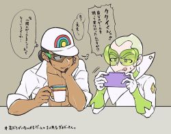 Rule 34 | 2boys, :q, baseball cap, blonde hair, bracer, chacha (ss 5087), closed mouth, coat, collarbone, commentary request, creatures (company), cup, dark-skinned male, dark skin, faba (pokemon), game freak, green-tinted eyewear, green shirt, handheld game console, hands up, hat, holding, holding cup, holding handheld game console, kukui (pokemon), logo, looking at another, male focus, mug, multiple boys, nintendo, open clothes, open coat, playing games, pokemon, pokemon sm, shirt, short hair, smile, speech bubble, sunglasses, sweatdrop, table, thought bubble, tinted eyewear, tongue, tongue out, translation request, undershirt, white coat, white headwear