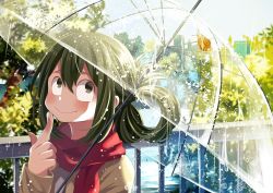 Rule 34 | 10s, 1girl, animal, animal ears, asui tsuyu, blush, boku no hero academia, closed mouth, commentary request, day, finger to cheek, green eyes, green hair, hair between eyes, hair rings, long hair, long sleeves, nanaminn, no pupils, outdoors, railing, rain, red scarf, scarf, signature, smile, snail, solo, sparkle, tareme, transparent, transparent umbrella, umbrella, upper body, water, water drop