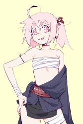 Rule 34 | 1girl, absurdres, ahoge, bandaged wrist, bandages, black nails, choker, cowboy shot, earrings, eds, facial scar, female focus, grin, hand on own hip, happy (eds), head tilt, highres, japanese clothes, jewelry, kunoichi, nail polish, ninja, obi, off shoulder, original, pelvic curtain, pink eyes, pink hair, sarashi, sash, scar, scar on arm, scar on cheek, scar on face, scar on nose, simple background, smile, solo, twintails, yellow background