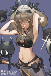 Rule 34 | 1girl, armpits, arms up, bare arms, belt pouch, black hairband, black panties, black shirt, blue background, bracelet, brown eyes, brown hair, closed mouth, commentary, cowboy shot, crop top, disembodied eye, glasses, grey skirt, hairband, halterneck, halterneck, highres, jewelry, long hair, mole, mole under eye, navel, necklace, noco (pixiv14976070), original, panties, pouch, shirt, simple background, skirt, sleeveless, sleeveless shirt, solo, stomach, sword, underwear, weapon