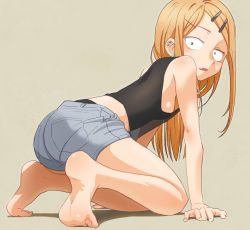 Rule 34 | 10s, 1girl, all fours, ass, bare shoulders, barefoot, black tank top, blonde hair, breasts, commentary, dagashi kashi, ear piercing, endou saya, fang, feet, hair ornament, hairclip, highres, long hair, looking at viewer, midriff peek, parted lips, piercing, sanpaku, sat-c, short shorts, shorts, sideboob, simple background, small breasts, soles, solo, tank top