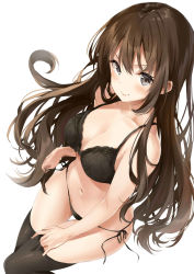 Rule 34 | 1girl, black bra, black panties, blush, bra, breasts, brown hair, closed mouth, collarbone, commentary request, dutch angle, gluteal fold, grey eyes, highres, kakao rantan, lingerie, lips, long hair, looking at viewer, medium breasts, navel, original, panties, side-tie panties, sidelocks, simple background, smile, solo, thigh gap, thighhighs, thighs, underwear, underwear only, white background