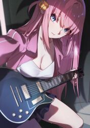 Rule 34 | 1girl, blue eyes, bocchi the rock!, breasts, cleavage, cube hair ornament, electric guitar, faicha, gotoh hitori, guitar, hair ornament, instrument, jacket, long hair, looking at viewer, medium breasts, one side up, pink hair, pink jacket, reaching, reaching towards viewer, solo, thighs, track jacket