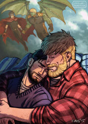 Rule 34 | 2boys, aged up, alternate costume, alternate facial hair, arm hair, bad id, bad tumblr id, bara, beard, black hair, blonde hair, cape, collared shirt, contemporary, couple, cris art, earrings, facial hair, flying, green wings, holding hands, hug, hulkling, jewelry, male focus, marvel, mature male, multiple boys, muscular, muscular male, mustache, pectorals, red cape, red shirt, shirt, short hair, sweater, thick eyebrows, upper body, wiccan, wings, yaoi