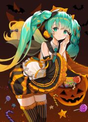 Rule 34 | 1girl, absurdres, aqua hair, aqua necktie, basket, black bow, black sleeves, black thighhighs, blush, bow, candy, candy cane, closed mouth, commentary, detached sleeves, earrings, food, food-themed earrings, food themed earrings, frilled sleeves, frills, gradient background, green eyes, hair bow, halloween, hand on own cheek, hand on own face, hatsune miku, highres, hyoin, jewelry, leaning forward, lollipop, long hair, long sleeves, looking at viewer, multicolored hair, necktie, orange hair, orange ribbon, own hands together, pumpkin, pumpkin earrings, ribbon, shirt, shorts, smile, solo, standing, star (symbol), striped clothes, striped shorts, striped thighhighs, thighhighs, twintails, two-tone hair, vertical-striped clothes, vertical-striped shorts, vertical-striped thighhighs, very long hair, vocaloid, white shirt, wide sleeves