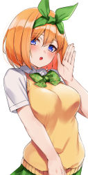 Rule 34 | 1girl, :o, absurdres, april fools, arm at side, blue eyes, blush, bow, bowtie, breasts, commentary request, go-toubun no hanayome, green bow, green hairband, green ribbon, green skirt, hachiroku (hatirokusann86), hair between eyes, hair ribbon, hairband, hand up, highres, large breasts, looking at viewer, nakano yotsuba, open mouth, orange hair, plaid, plaid bow, ribbon, shirt, short sleeves, simple background, skirt, solo, sweater vest, teeth, upper teeth only, white background, white shirt