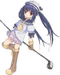 Rule 34 | 1girl, arm garter, arms behind back, bloomers, blue hair, blue sailor collar, boots, cross-laced footwear, full body, gloves, golf club, hair ribbon, hat, holding, holding golf club, kishida mel, knee boots, kooh, looking at viewer, pangya, red eyes, ribbon, sailor collar, sailor hat, sailor shirt, shirt, sidelocks, simple background, sketch, solo, standing, standing on one leg, twintails, underwear, white background, white bloomers
