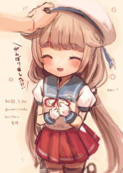 Rule 34 | 1girl, 1other, blue sailor collar, closed eyes, commentary request, cowboy shot, grey hair, hand on another&#039;s head, hat, highres, kantai collection, long hair, low twintails, mikura (kancolle), one-hour drawing challenge, petting, pleated skirt, puffy short sleeves, puffy sleeves, red skirt, sailor collar, sailor hat, sailor shirt, shirt, short sleeves, skirt, smile, twintails, white headwear, white shirt, wss (nicoseiga19993411)