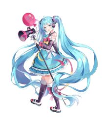 Rule 34 | 1girl, :d, auro drm, balloon, blue eyes, blue hair, bow, detached sleeves, dress, frilled dress, frills, full body, hatsune miku, highres, holding, holding megaphone, long hair, magical mirai (vocaloid), magical mirai miku, magical mirai miku (2018), megaphone, open mouth, pink ribbon, ribbon, smile, solo, twintails, vocaloid, white background, yellow bow