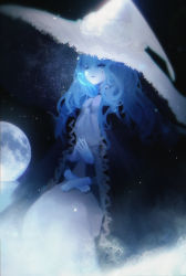 Rule 34 | 1girl, absurdres, blue eyes, blue skin, cloak, coat, colored skin, crack, cracked skin, dress, elden ring, extra arms, extra faces, fur cloak, fur coat, hat, highres, long hair, looking at viewer, mei gushi de shen yue, moon, night, night sky, ranni the witch, sky, star (sky), wavy hair, witch hat