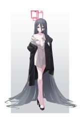 Rule 34 | &lt;key&gt; (blue archive), 1girl, absurdly long hair, absurdres, alternate costume, aris (blue archive), arume ad, bare legs, black footwear, black hair, black jacket, blue archive, bottomless, breasts, collarbone, crossed legs, full body, gradient background, hair between eyes, halo, high heels, highres, jacket, long hair, looking at viewer, red eyes, shirt, simple background, single bare shoulder, small breasts, solo, straight hair, thighhighs, very long hair, watson cross, white shirt