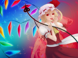 Rule 34 | 1girl, blonde hair, blouse, blue background, collared shirt, embodiment of scarlet devil, fang, fangs, female focus, flandre scarlet, gradient background, hat, mob cap, ponytail, red background, red eyes, shirt, short hair, side ponytail, solo, takatsuki kahiro, touhou, white hat, white shirt, wings