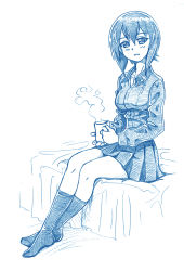 Rule 34 | 10s, 1girl, bbb (friskuser), bed, blue theme, breasts, commentary request, crossed legs, cup, girls und panzer, greyscale, hair between eyes, highres, holding, holding cup, kuromorimine school uniform, long sleeves, looking at viewer, medium breasts, monochrome, mug, nishizumi maho, on bed, open collar, open mouth, pleated skirt, school uniform, shirt, short hair, sitting, skirt, smile, socks, solo, steam, white background