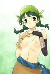 Rule 34 | 1girl, asymmetrical gloves, bandana, blush, braid, breasts, brown eyes, brown hair, elbow gloves, fire emblem, fire emblem: the blazing blade, gloves, green bandana, green eyes, green hair, matching hair/eyes, michael f91, mismatched gloves, nintendo, nipples, rebecca (fire emblem), small breasts, solo, topless, twin braids, twintails