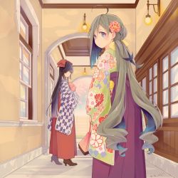Rule 34 | 2girls, ahoge, alternate costume, bag, black hair, boots, bow, brown footwear, colis, commentary request, cross-laced footwear, floral print, flower, from behind, green kimono, grey eyes, grey hair, hair between eyes, hair bow, hair bun, hair flower, hair ornament, hair over one eye, hallway, hayashimo (kancolle), japanese clothes, kantai collection, kimono, kiyoshimo (kancolle), lace-up boots, long hair, looking at viewer, low twintails, meiji schoolgirl uniform, multiple girls, purple kimono, red bow, red eyes, satchel, single hair bun, twintails, very long hair, yagasuri