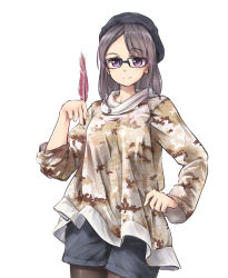 Rule 34 | 1girl, beret, black pantyhose, brown hair, camouflage, glasses, hand on own hip, hat, highres, holding, pantyhose under shorts, looking at viewer, medium hair, original, pantyhose, purple eyes, quill, short shorts, shorts, solo, tanto (tc1995), white background
