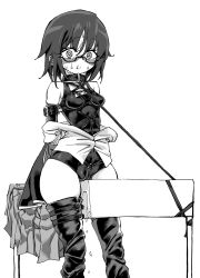Rule 34 | arms behind back, bdsm, bondage, bound, breasts, collar, glasses, greyscale, highres, monochrome, one-piece swimsuit, original, pussy juice, restrained, small breasts, solo, surprised, swimsuit, wooden horse