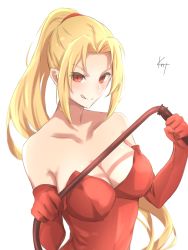 Rule 34 | 1girl, artist name, bad id, bad pixiv id, blonde hair, blush, breasts, cleavage, collarbone, dress, gloves, hairband, knt (pixiv52732968), long hair, looking at viewer, medium breasts, ponytail, red dress, red eyes, red gloves, shynesslady, smirk, solo, star ocean, star ocean the second story, tongue, tongue out, whip, white background