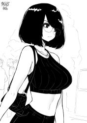 Rule 34 | 1girl, 2boys, arms at sides, artist name, bag, bare arms, bare shoulders, blush, bob cut, breasts, cowboy shot, crop top, desyana laurentia, from side, frown, glasses, greyscale, handbag, heart, highres, jewelry, looking at another, looking back, medium breasts, midriff, mole, mole under eye, monochrome, multiple boys, necklace, norman maggot, original, pants, short hair, speech bubble, spoken heart, standing, swept bangs, tank top