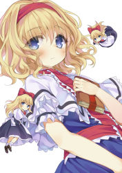 Rule 34 | 1girl, alice margatroid, bad id, bad pixiv id, blonde hair, blue eyes, blush, book, hugging book, bow, capelet, doll, hair bow, hairband, holding, holding book, looking at viewer, mirei, hugging object, shanghai doll, short hair, solo, touhou, white background