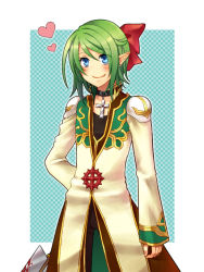 Rule 34 | 1boy, alternate color, black pants, blue background, blue eyes, border, bow, checkered background, choker, closed mouth, coat, commentary request, cowboy shot, cross, cross choker, earrings, green coat, green hair, hair bow, heart, high priest (ragnarok online), holding, holding weapon, jewelry, layered clothes, long sleeves, looking at viewer, mace, male focus, medium hair, multicolored coat, outside border, pants, pointy ears, ragnarok online, red bow, smile, solo, stud earrings, tsuki miso, two-tone coat, weapon, white border, white coat