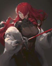 Rule 34 | 1girl, belt, belt buckle, black bodysuit, bodysuit, breasts, buckle, closed mouth, coat, covered navel, dark background, fajyobore, floating hair, fur coat, hair over one eye, highres, holding, holding sword, holding weapon, kirijou mitsuru, light particles, long hair, looking at viewer, medium breasts, off shoulder, persona, persona 3, persona 4: the ultimate in mayonaka arena, rapier, red eyes, red hair, red lips, solo, sword, wavy hair, weapon