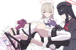 3girls arms_behind_back ball_gag black_gloves black_hair black_serafuku blonde_hair blue_archive bound bound_arms bound_legs breasts character_request choker collar drinking forced_orgasm gag gagged gloves halo highres long_hair multiple_girls necktie nipple_rub nipple_stimulation nipple_tweak orgasm pink_hair restrained sailor sailor_collar school_uniform serafuku small_breasts thighhighs tickling torn_clothes very_long_hair white_thighhighs wiffle_gag xiaochai_hu yuri