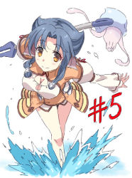 Rule 34 | 1girl, animal, animal ears, aquaplus, atuy, bare legs, breasts, cleavage, cleavage cutout, closed mouth, clothing cutout, curvy, eyelashes, feet out of frame, full body, hair ornament, holding, holding polearm, holding spear, holding weapon, jellyfish, kurarin (utawarerumono), large breasts, long sleeves, looking at viewer, medium hair, orange eyes, polearm, raised eyebrows, sidelocks, smile, spear, splashing, thighs, utawarerumono, utawarerumono: itsuwari no kamen, water, weapon, werkbau