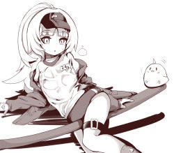Rule 34 | 1girl, animal, azur lane, between thighs, bird, buruma, character name, chick, choker, collarbone, commentary request, feet out of frame, gym uniform, high ponytail, jacket, long hair, long sleeves, manjuu (azur lane), monochrome, name tag, off shoulder, open clothes, open jacket, ponytail, shadow, shirt, skindentation, sleeves past wrists, socks, solo, takara akihito, very long hair, visor cap, wet, wet clothes, wet shirt, white background, z46 (azur lane), z46 (girls&#039; relay) (azur lane)