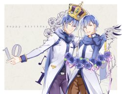 Rule 34 | 2boys, blue eyes, blue hair, blue rose, crown, dual persona, flower, happy birthday, kaito (vocaloid), kaito (vocaloid3), male focus, mibu (1064493753), multiple boys, musical note, one eye closed, open mouth, rose, scarf, single wing, smile, vocaloid, wings