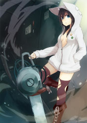 Rule 34 | 1girl, against wall, animal hood, black hair, blue eyes, boots, breasts, cat hood, chainsaw, cleavage, dust, hand in pocket, haruken, highres, hood, hoodie, jacket, long hair, no bra, open clothes, open jacket, original, solo, thighhighs, torn clothes, torn thighhighs, unzipped