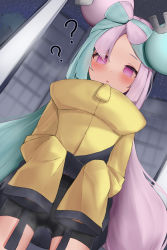 Rule 34 | 1girl, ?, @ @, absurdres, black shorts, blush, character hair ornament, clothes lift, commentary request, creatures (company), game freak, green hair, hair ornament, highres, iono (pokemon), jacket, jacket lift, kotatsu mikan (kotatumika), lifting own clothes, long hair, looking at viewer, mind control, night, nintendo, outdoors, parted lips, pokemon, pokemon sv, purple eyes, purple hair, shorts, sky, sleeves past fingers, sleeves past wrists, solo, star (sky), steam, yellow jacket