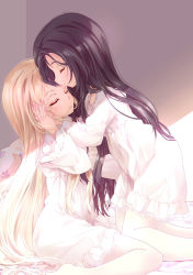 Rule 34 | 2girls, 54hao, barefoot, bed sheet, black hair, blonde hair, closed eyes, closed mouth, commentary, dress, frilled dress, frills, highres, kneeling, long hair, long sleeves, multiple girls, original, parted lips, pillow, profile, siblings, sisters, sitting, smile, twins, very long hair, wariza, white dress