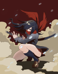 Rule 34 | 1girl, black hair, black socks, blue eyes, brown footwear, covered mouth, dust, dust cloud, fingernails, hair over one eye, holding, holding sheath, holding weapon, katana, long hair, looking at viewer, one eye closed, on one knee, original, plaid, plaid skirt, red scarf, scabbard, scarf, sheath, sheathed, skirt, socks, solo, sword, udakyo, weapon
