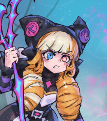 Rule 34 | 1girl, angry, animal ears, black dress, black headwear, blonde hair, blue eyes, brown hair, cat ears, clenched teeth, dress, drill hair, fake animal ears, gradient background, green background, gwen (league of legends), heterochromia, holding, holding scissors, league of legends, multicolored clothes, multicolored dress, phantom ix row, red eyes, scissors, solo, soul fighter gwen, striped sleeves, tearing up, teeth, twin drills, twintails, white dress